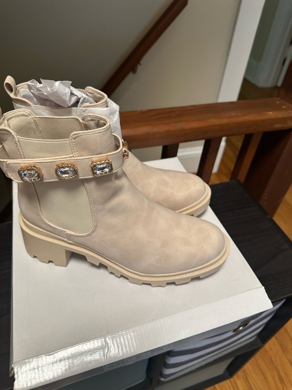 Women's Cream Fashion Chelsea Boot with Jewel Strap